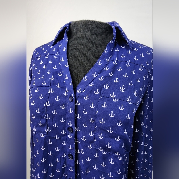 ♥️ EXPRESS PORTOFINO SHIRT BUTTON DOWN - NAVY BLUE ANCHOR PRINT WOMEN'S SIZE S|P - Picture 6 of 14